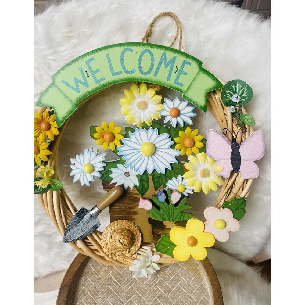 Decorative Welcome Wreath with Flowers and Butterfly